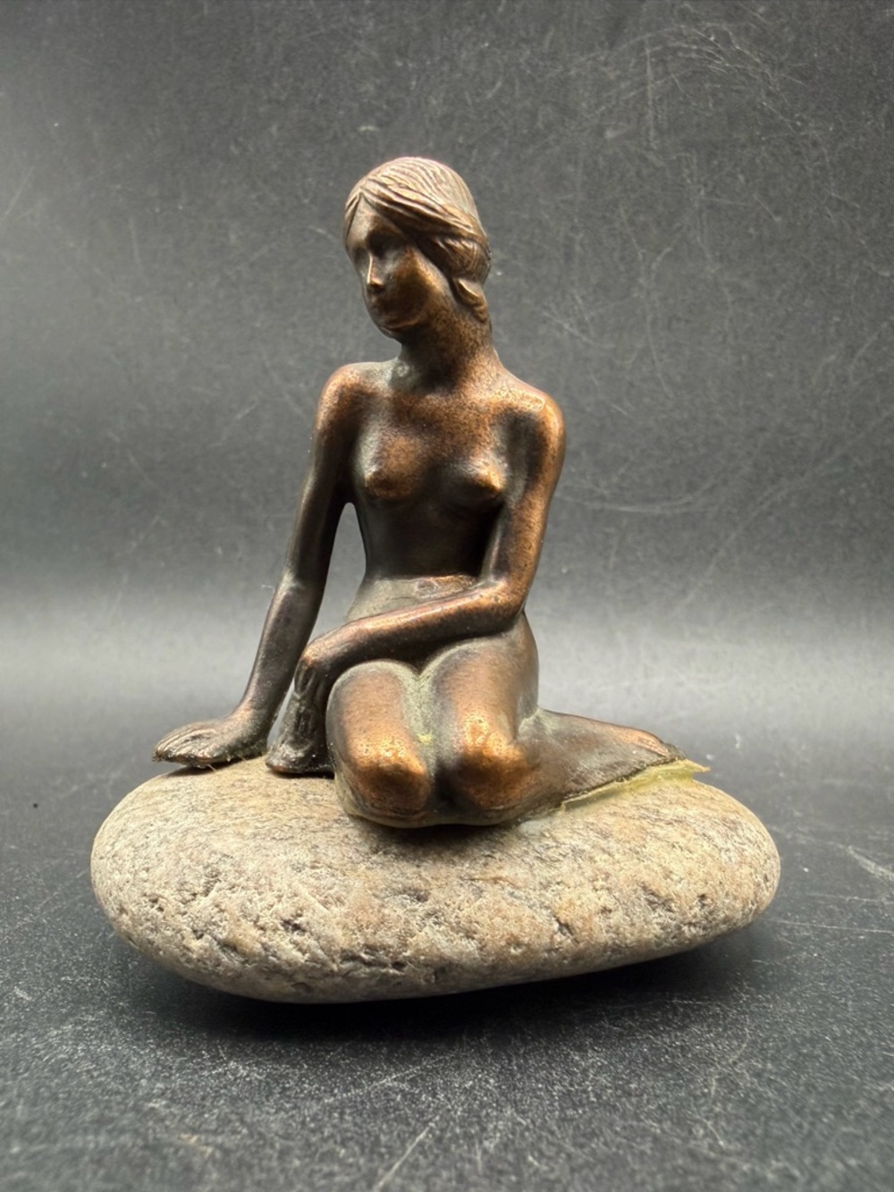 Vintage Copper Toned Art Nouveau Style Mermaid Figure on Rock Figure Figural